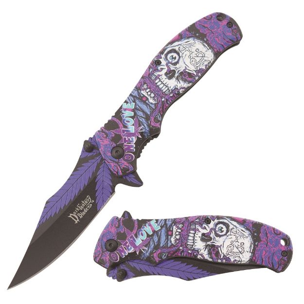 Dark Fantasy Blade Spring Assist Knife Purple SKULL Handle