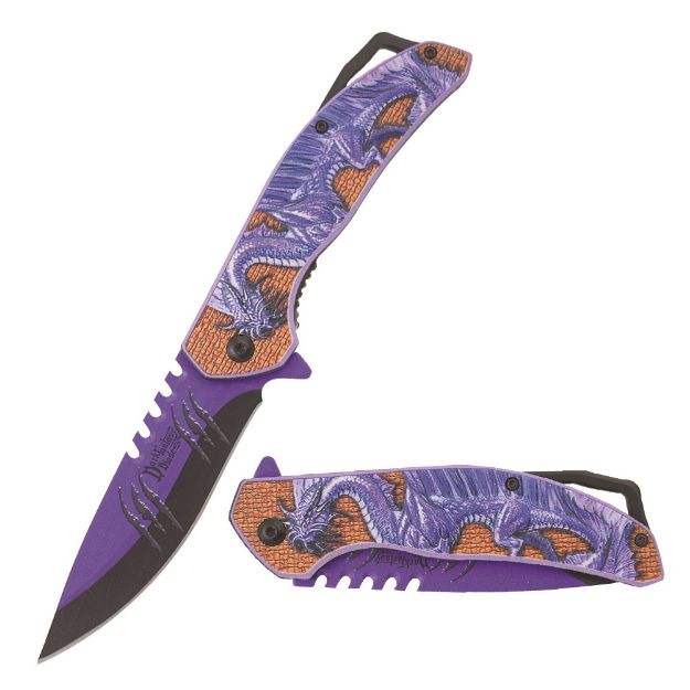 Dark Fantasy Blade Spring Assist Knife Purple Dragon Handle