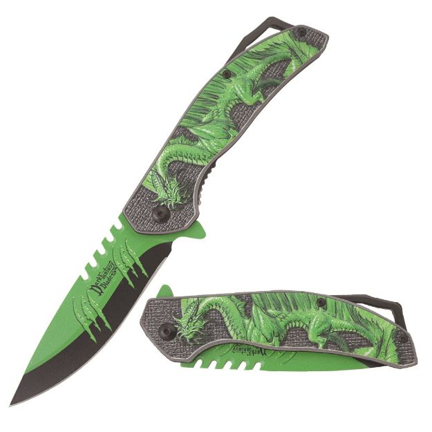 Dark Fantasy Blade Spring Assist Knife Green Dragon Handle