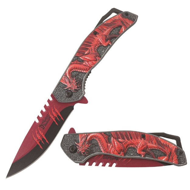 Dark Fantasy Blade Spring Assist Knife Red Dragon Handle