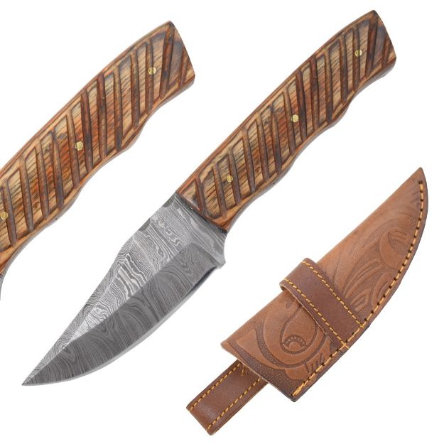 Old Ram Handmade Damascus Blade Hunting Knife Brown Wood Handle