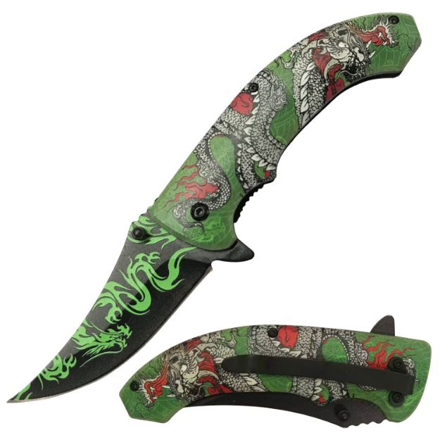 Snake Eye Tactical Spring Assist KNIFE Green Dragon Handle