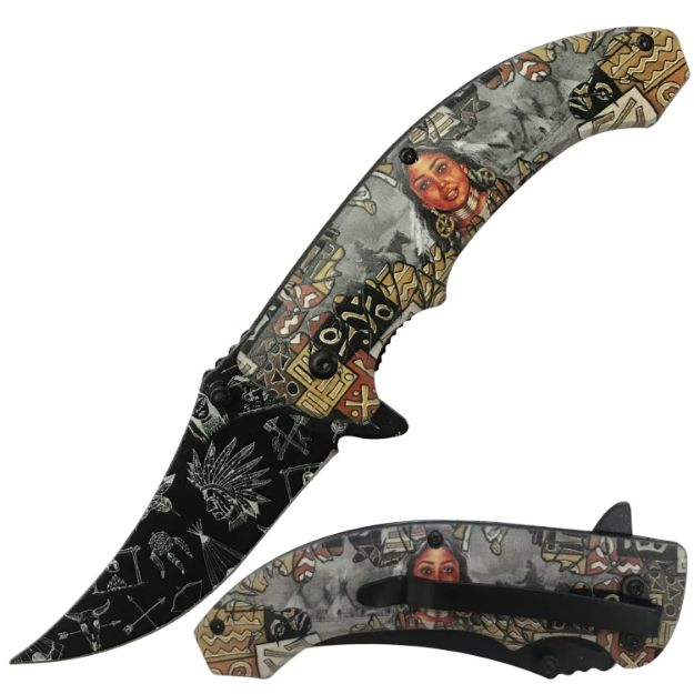 Snake Eye Tactical Spring Assist knife Native Indian-4 HANDLE