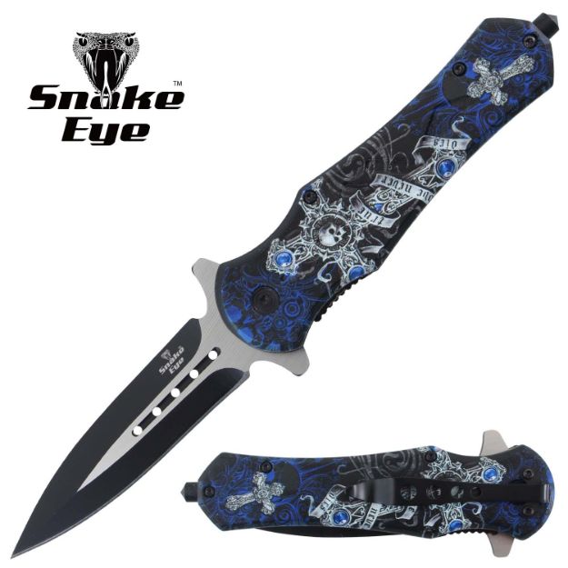 Snake Eye Tactical Spring Assist knife Blue SKULL Handle