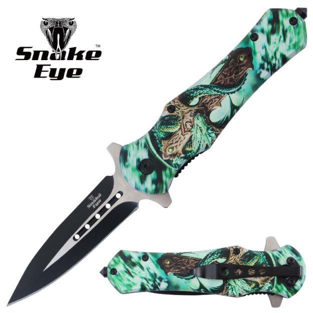 Snake Eye Tactical Spring Assist knife Green DRAGON Handle