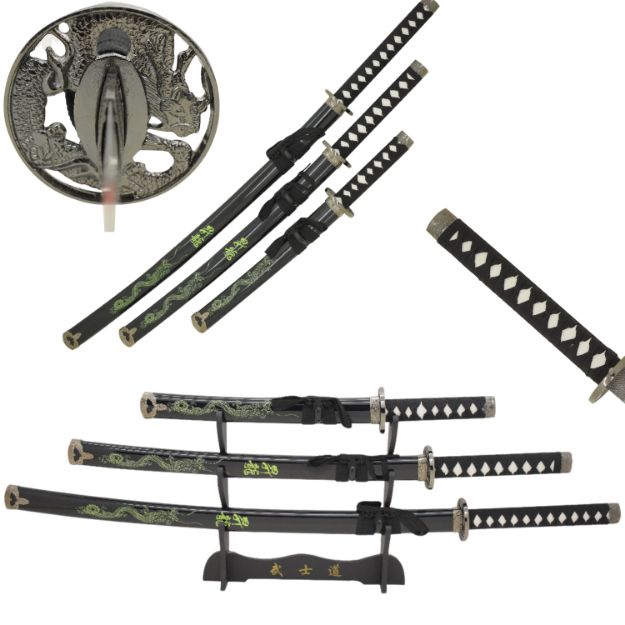 3 Pcs Black  DRAGON Samurai Sword Set W/ Stand