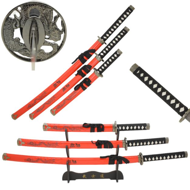 3 Pcs Red DRAGON Samurai Sword Set W/ Stand