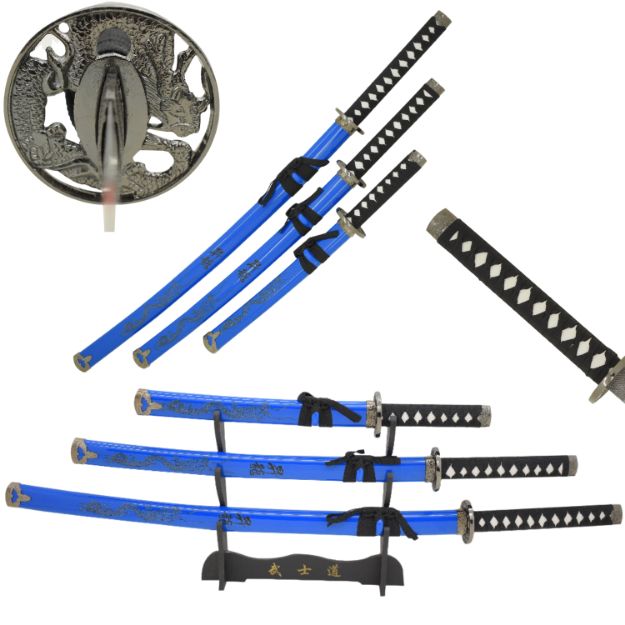3 Pcs Samurai Sword Set Blue W/ Stand