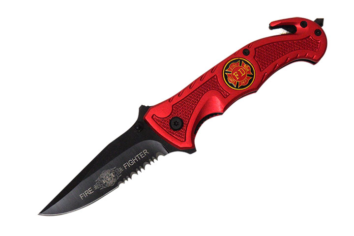 '' Fire Fighter'' Rescue Style Action Assist Knife 4.5'' Red