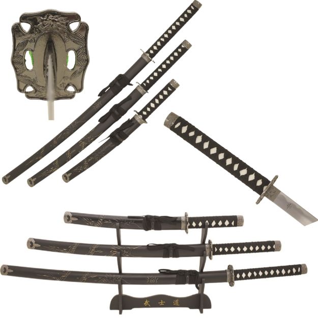 Snake Eye Warrior Dragon Design JAPANESE Katana 3PCS Sword Set D4