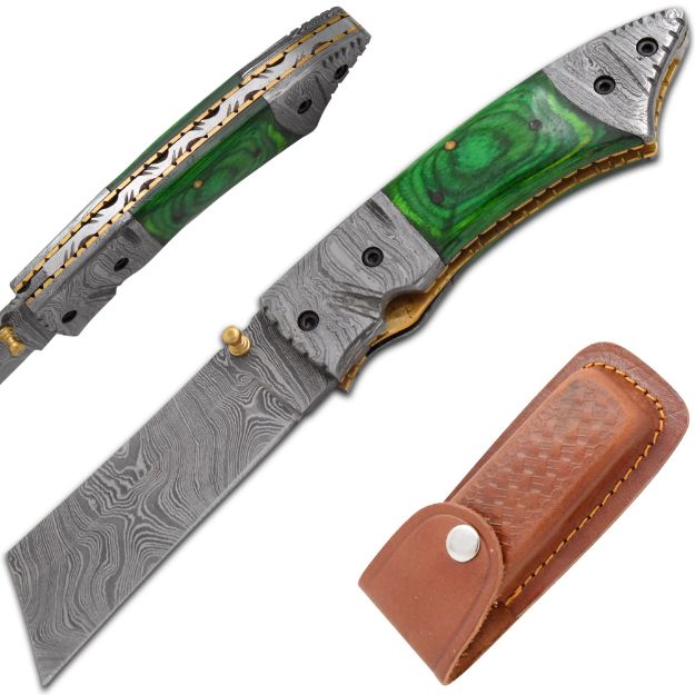 Wild Turkey Handmade Damascus Razor Style Green Folder Knife .