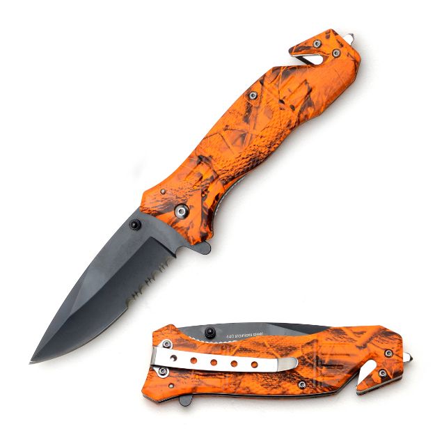 Rescue Style Spring Assist Knife 4.5'' Closed W/ Clip Orange Camo