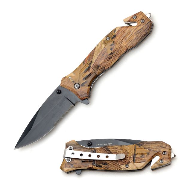 Rescue Style Spring Assist Knife 4.5'' Closed with Clip Brown Camo