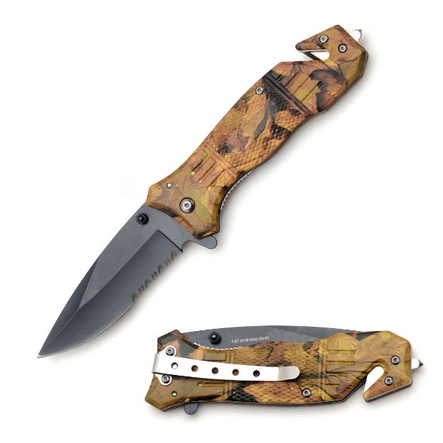 Rescue Style Spring Assist Knife 4.5'' Closed W/Clip Jungle CAMO