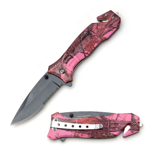 Rescue Style Spring Assist Knife 4.5'' Closed with Clip Pink Camo