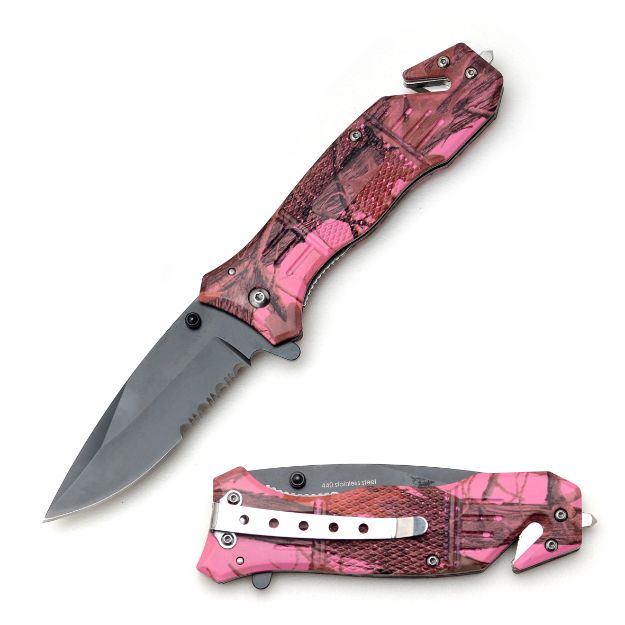 Rescue Style Spring Assist KNIFE 4.5'' Closed with Clip Pink Camo