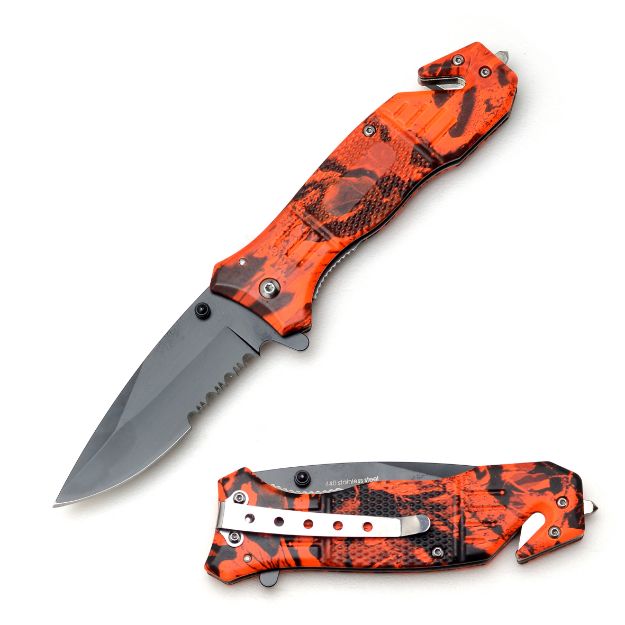 Rescue Style Spring Assist Knife 4.5'' Closed with Clip Red Camo