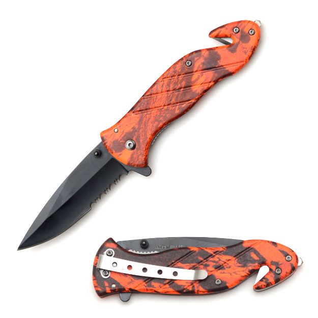 Rescue Style Spring Assist Knife 4.5'' Closed W/Clip Red Camo