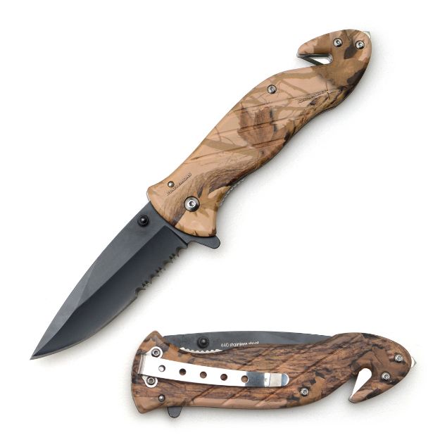 Rescue Style Spring Assist Knife 4.5'' Closed W/Clip Brown Camo
