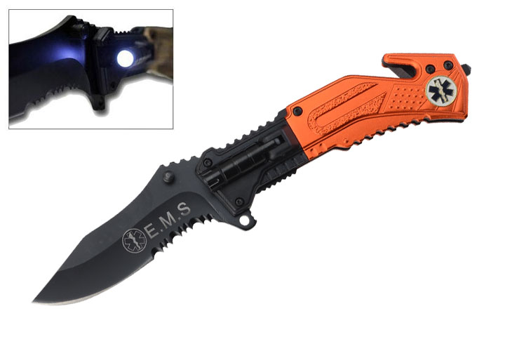 EMS Rescue Folder Spring Assist Knife LED Light 4.5'' Orange