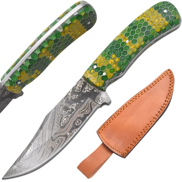 Wild Turkey Handmade Full Tang Real Damascus Green Viper Hunter