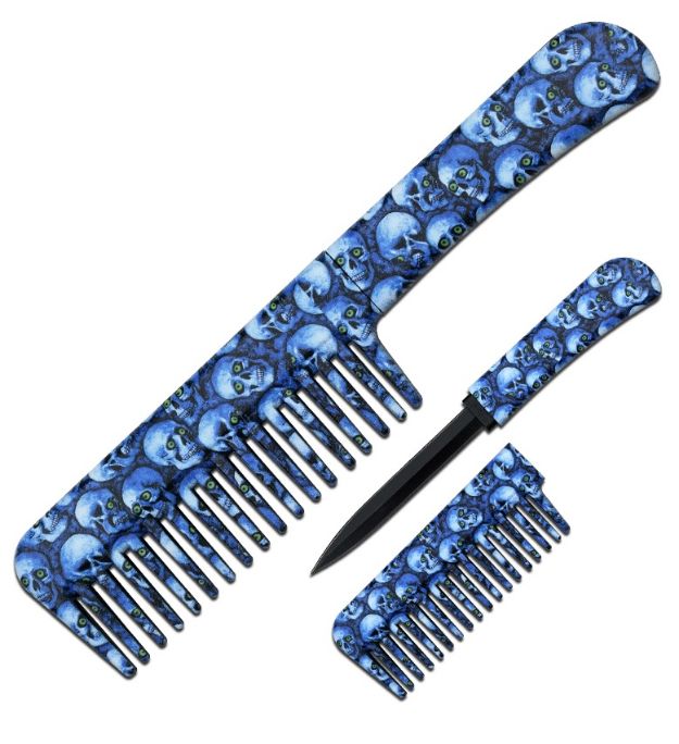 Blue SKULL Comb With Hidden Knife 6.5'' Overall