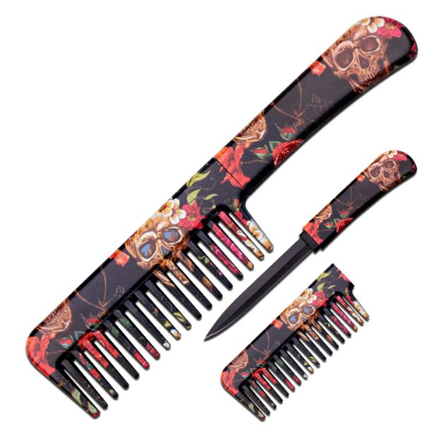 Skull and FLOWER Design Comb With Hidden Knife 6.5'' Overall
