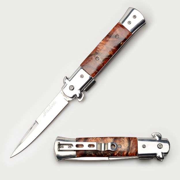 Italian Style Stiletto Folding KNIFE Brown Pearl Handle