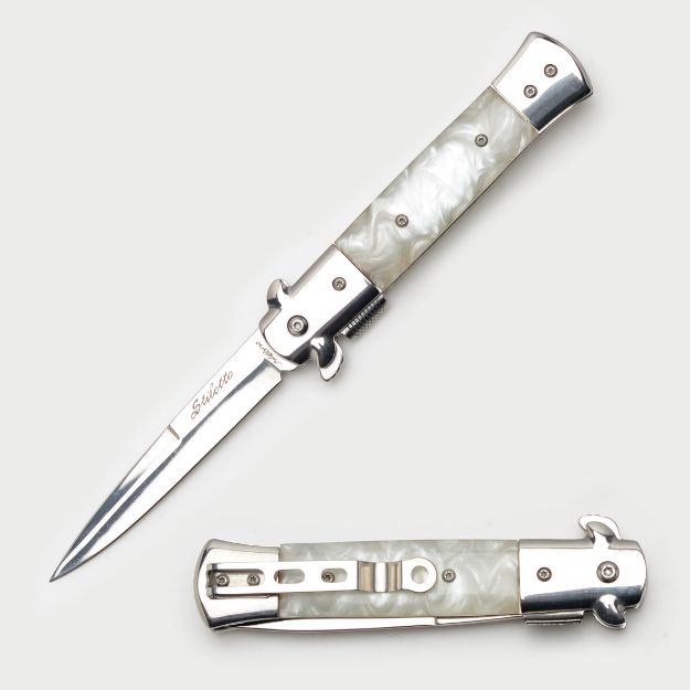 Italian Style Stiletto Folding KNIFE White Pearl Handle