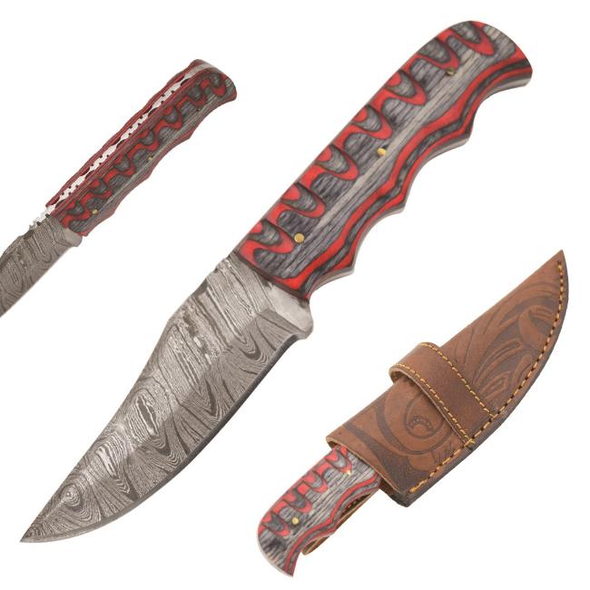 Old Ram Handmade Damascus Blade 520 Hunting Knife Red Wood Handle