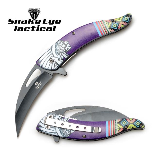 Snake Eye Tactical Spring Assist Native American Design Knife D2