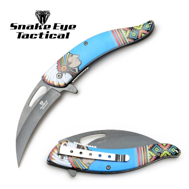 Snake Eye Tactical Spring Assist Native American Design Knife-D4