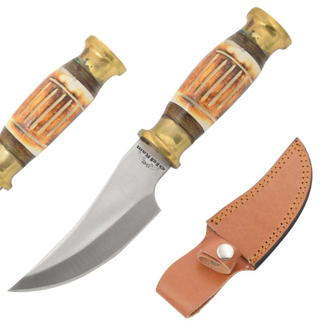 Old Ram Handmade Fixed Blade Hunting Knife Burn Bone  HANDLE