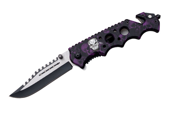 '' ZOMBIE '' SKULL Handle Action Assist Knife Purple SKULL Camo