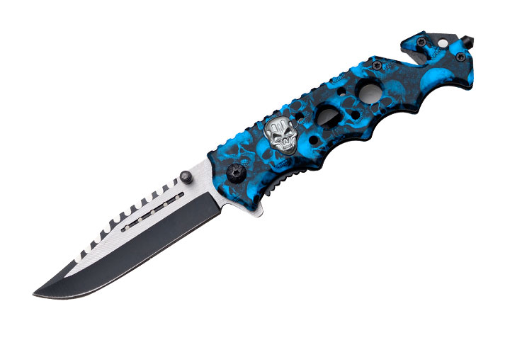 '' ZOMBIE '' Skull Handle Action Assist Knife Blue Skull CAMO