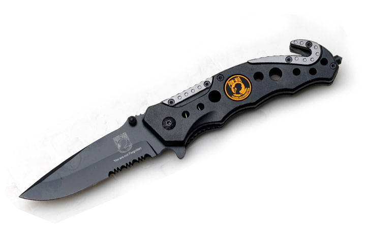 '' P.O.W '' Rescue Style Action Assist Knife 4.5'' Black