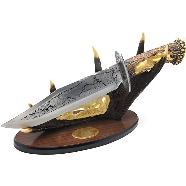 Wolf Bowie with Wood and ANTLER Stand 15.5'' Overall