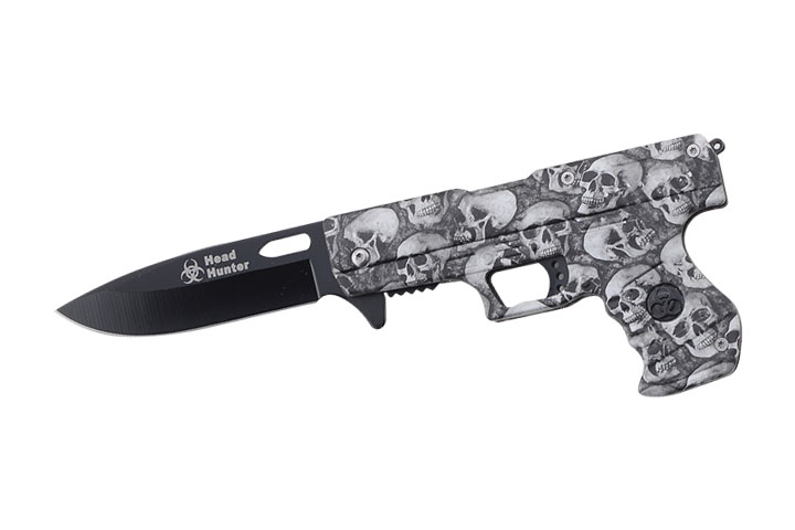'' Head HUNTER '' Zombie Skull Design Gun Spring Assist Knife 4.5''