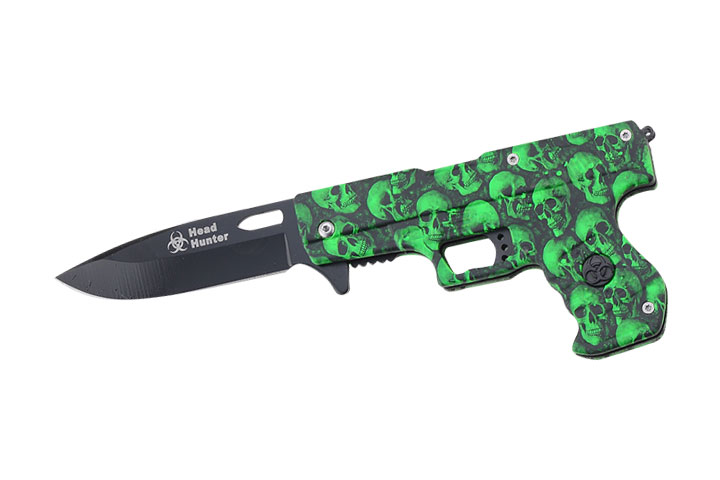 '' Head HUNTER '' Zombie Skull Design Gun Spring Assist Knife 4.5''