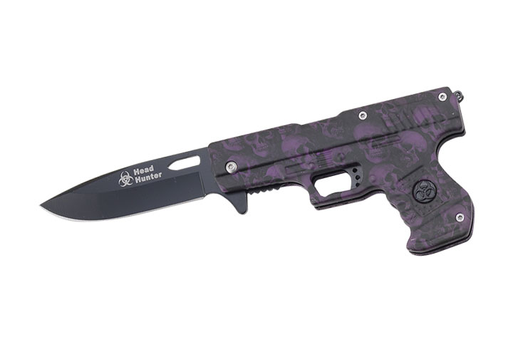'' Head Hunter '' Zombie SKULL Design Gun Spring Assist Knife 4.5''