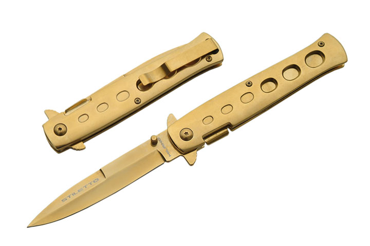 Snake Eye Tactical GOLD Stiletto Style Ti Coated Folding Knife