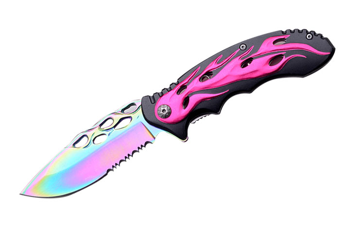 Flames Biker Design Spring Assist KNIFE 4.5'' Closed Pink