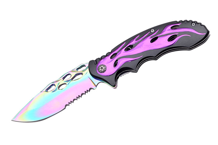 Flames BIKER Design Spring Assist Knife 4.5'' Closed Purple