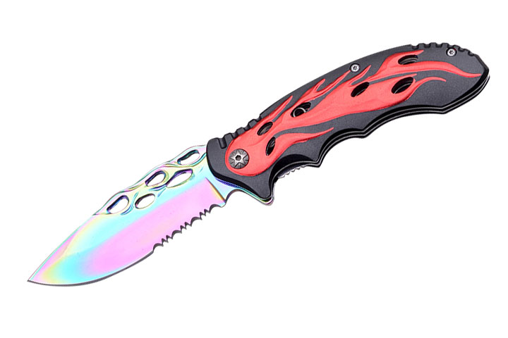 Flames BIKER Design Spring Assist Knife 4.5'' Closed Red