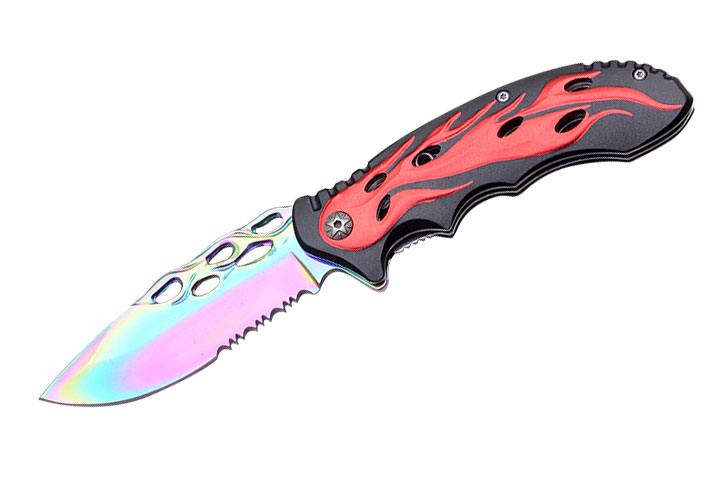 Flames Biker Design Spring Assist Knife 4.5'' Closed Red