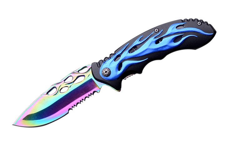 Flames BIKER Design Spring Assist Knife 4.5'' Closed Blue
