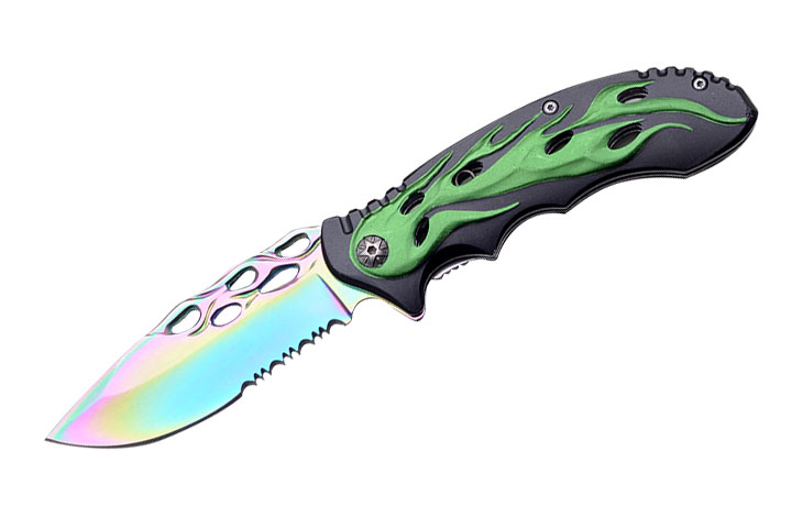 Flames BIKER Design Spring Assist Knife 4.5'' Closed Green