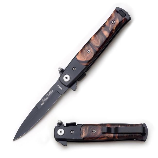 Stiletto Style Brown Pearl Spring Assisted KNIFE