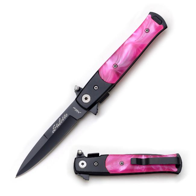 Stiletto Style Pink Pearl Spring Assisted KNIFE