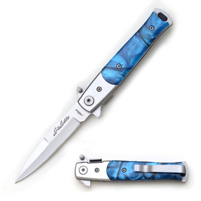 Stiletto Style Blue Pearl Spring Assisted KNIFE